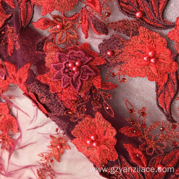 Red Handwork Beaded Embroidery Fabric